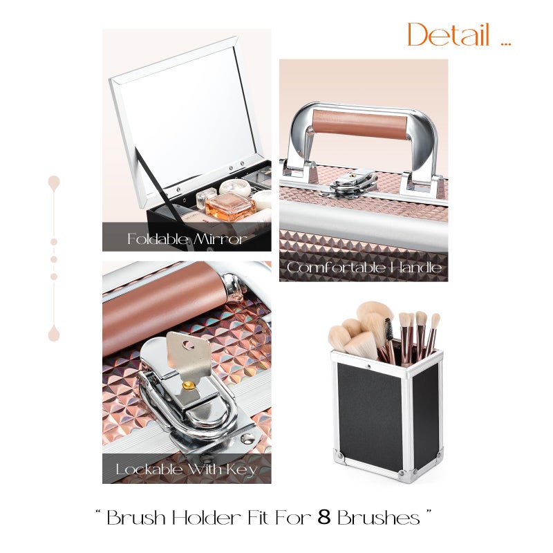 Joligrace Makeup Box 11.6-Inch Cosmetic Train Case for Women Travel Jewelry Organizer with Compartments & Mirror Portable Lockable Make-up Trunk Shiny Style - Image 4